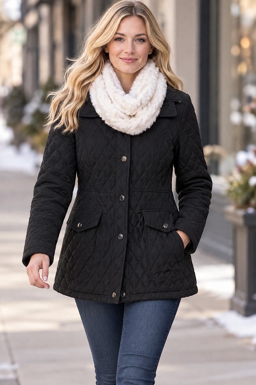 Dadbed Gallery Womens 1X Black Quilted Hooded Coat Plaid Lined Snap Front